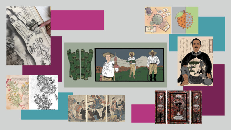 Collage of art from UCSF collections and previous artists in residence.