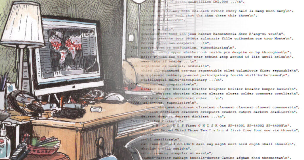 Illustration of a computer at a desk and layered on top is computer code.