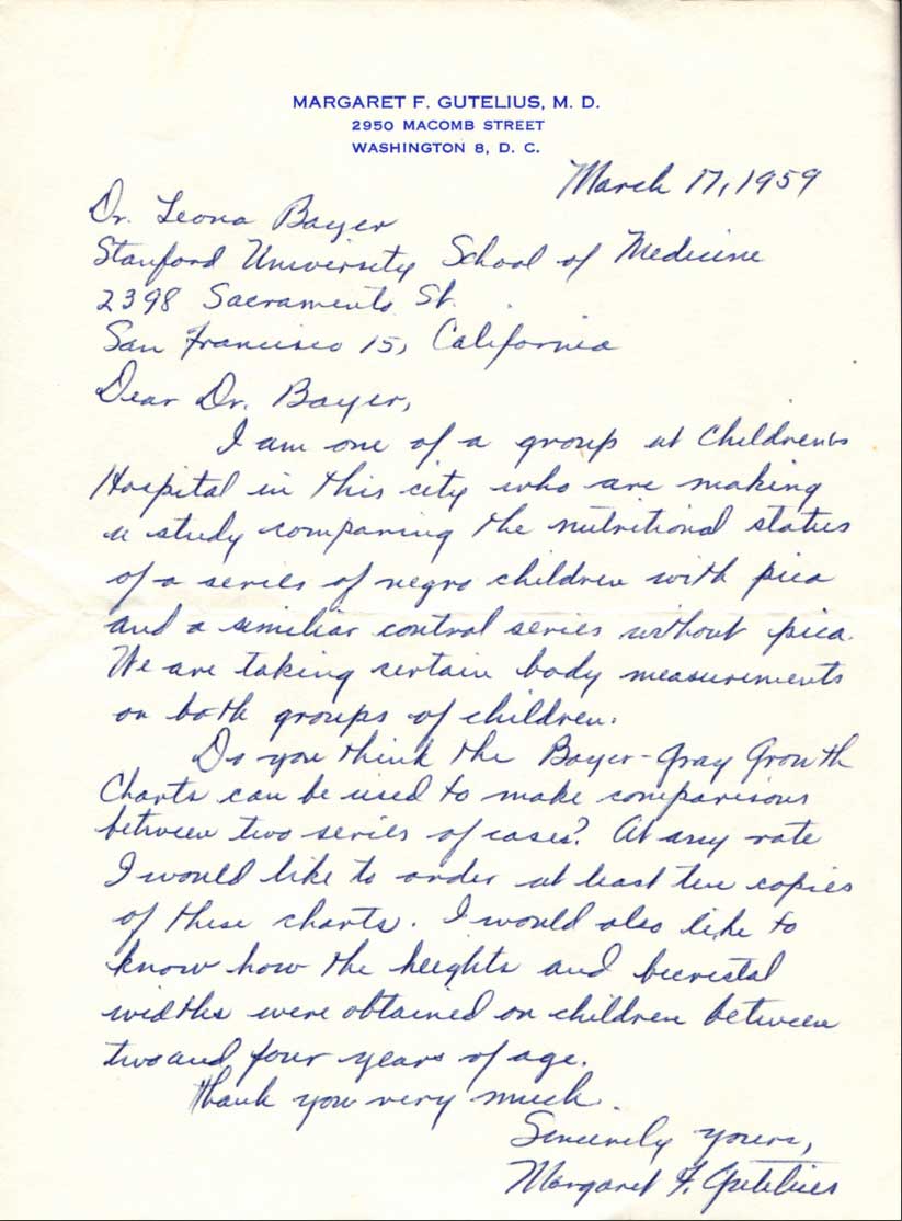 Handwritten letter from Dr. Margaret F. Gutelius to Dr. Bayer