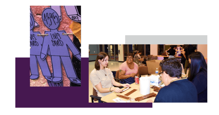 (left) A paper doll made of purple construction paper has the number 4,395 written on the face, “Lives Saved” written on the chest and on the foot is the year 2018. (Right) a group of four people sitting at a table)