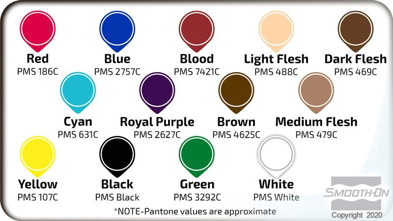 Chart of Silc Pig pigment options Red, Blue, Blood, Light Flesh, Dark Flesh, Cyan, Royal Purple, Brown, Medium Flesh, Yellow, Black, Green, and White.