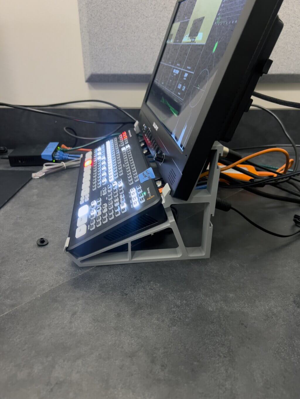 Mount being used with control board and field monitor in UCSF Library digital media suite.