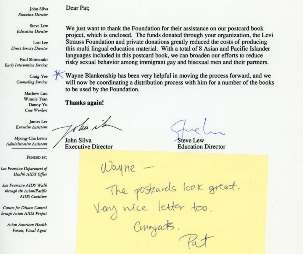 Letter of thanks to the San Francisco AIDS Foundation, with a congratulatory handwritten sticky note