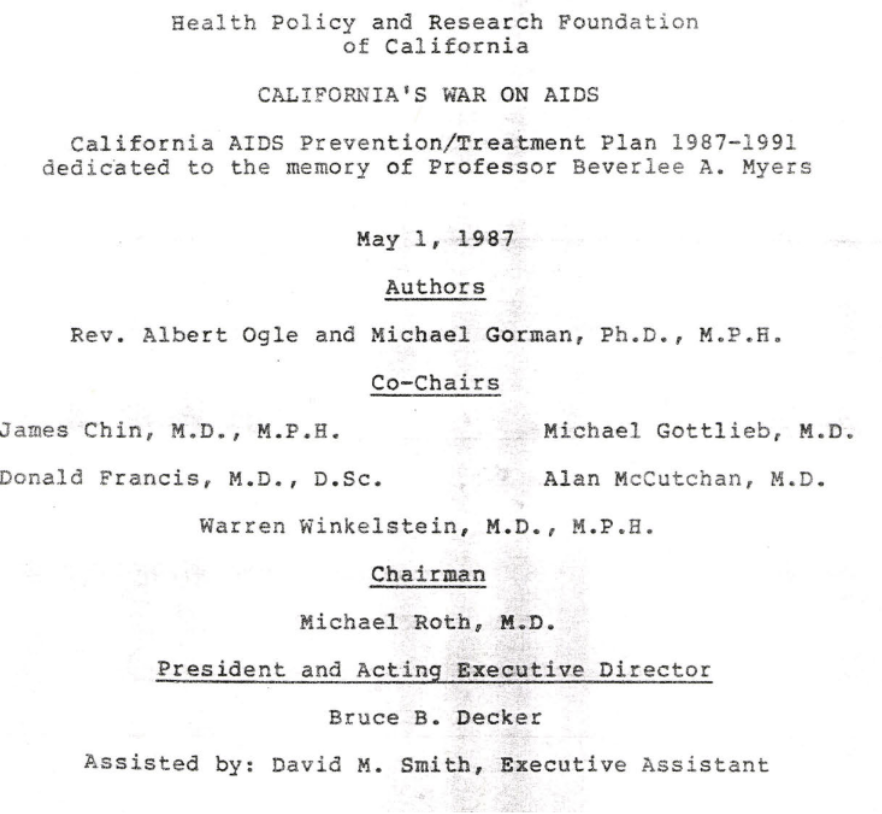 Title page of 'California's War on AIDS' from the Health Policy and Research Foundation of California, Donald P. Francis papers