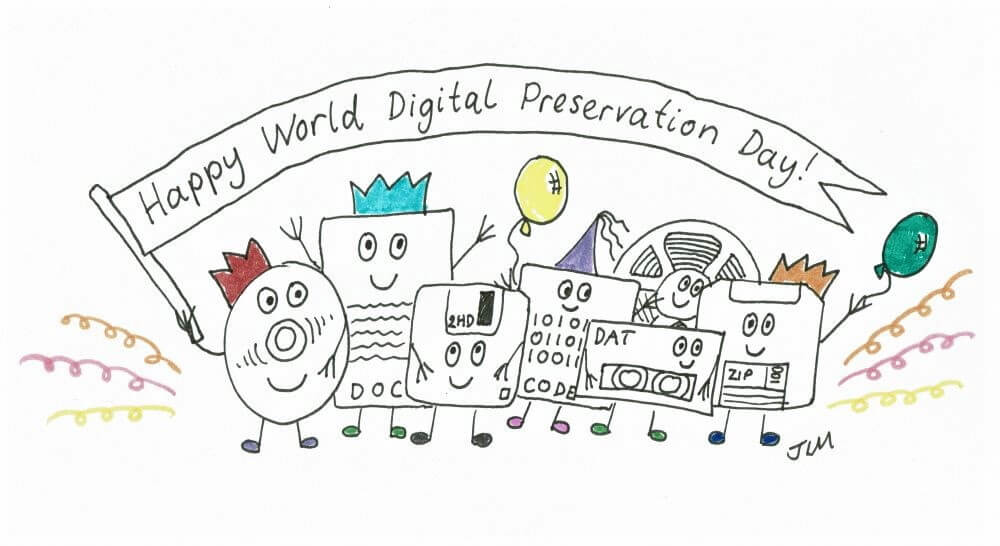 A colorful doodle featuring digital media characters holding a banner that says "Happy World Preservation Day"