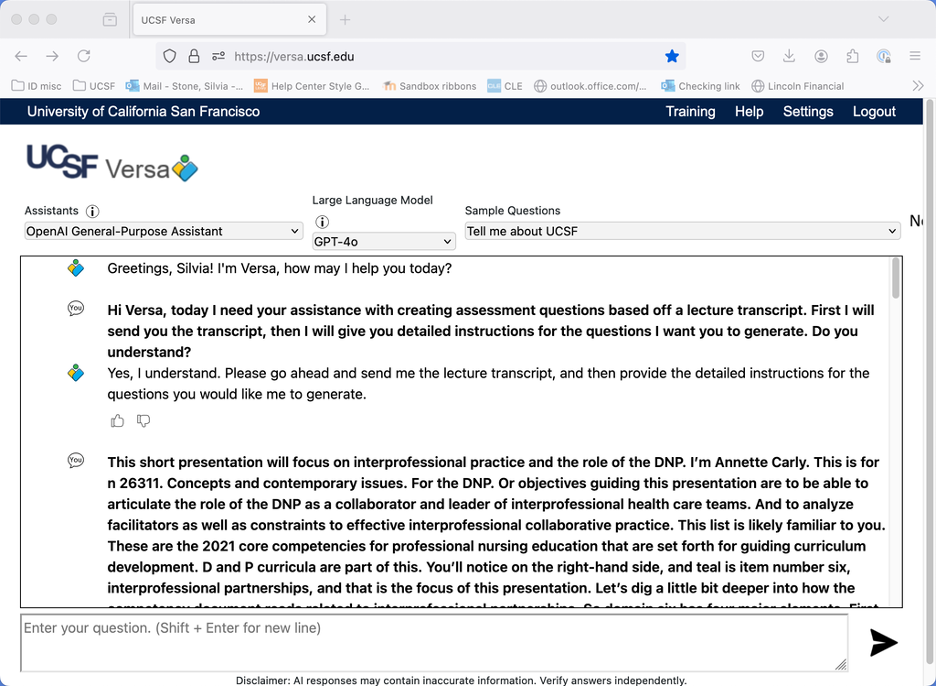 Image showing the initial setup in Versa with a prompt for generating assessment questions.